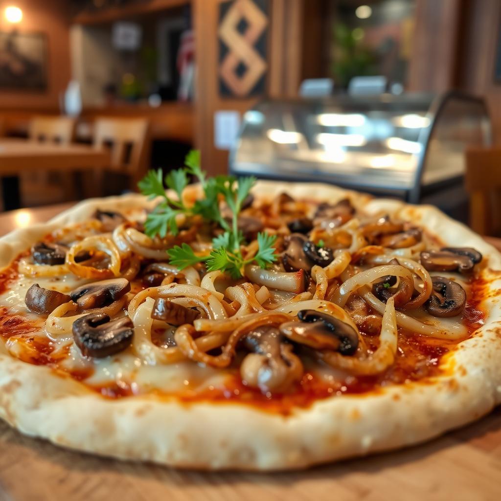 A mouth-watering onion and mushroom pizza, featuring a thin, crispy crust topped with caramelized onions and sautéed mushrooms