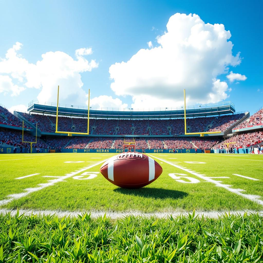A vibrant scene depicting a professional football field, complete with lush green grass and crisp white lines marking the field boundaries and yardage