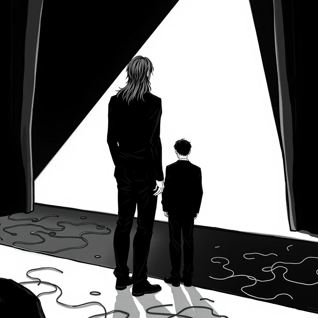 An illustration for a book cover titled 'Unraveled Strings', featuring two male figures depicted entirely in black with no facial features or skin color