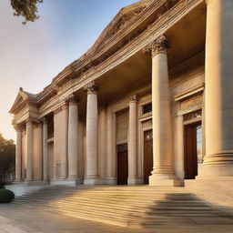 A majestic court building marked by striking architectural features, bathed in the glow of a setting sun, with steps leading up to grand entranceway.