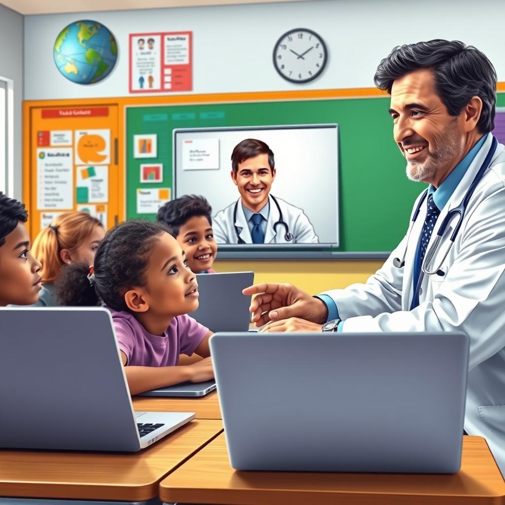 A detailed and realistic depiction of a telemedicine session in a school setting