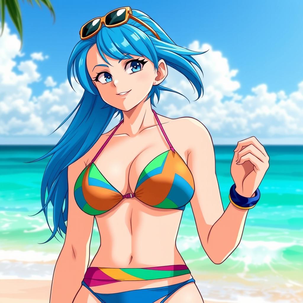Bulma from Dragon Ball Super wearing a sexy bikini, showcasing her vibrant blue hair and playful personality