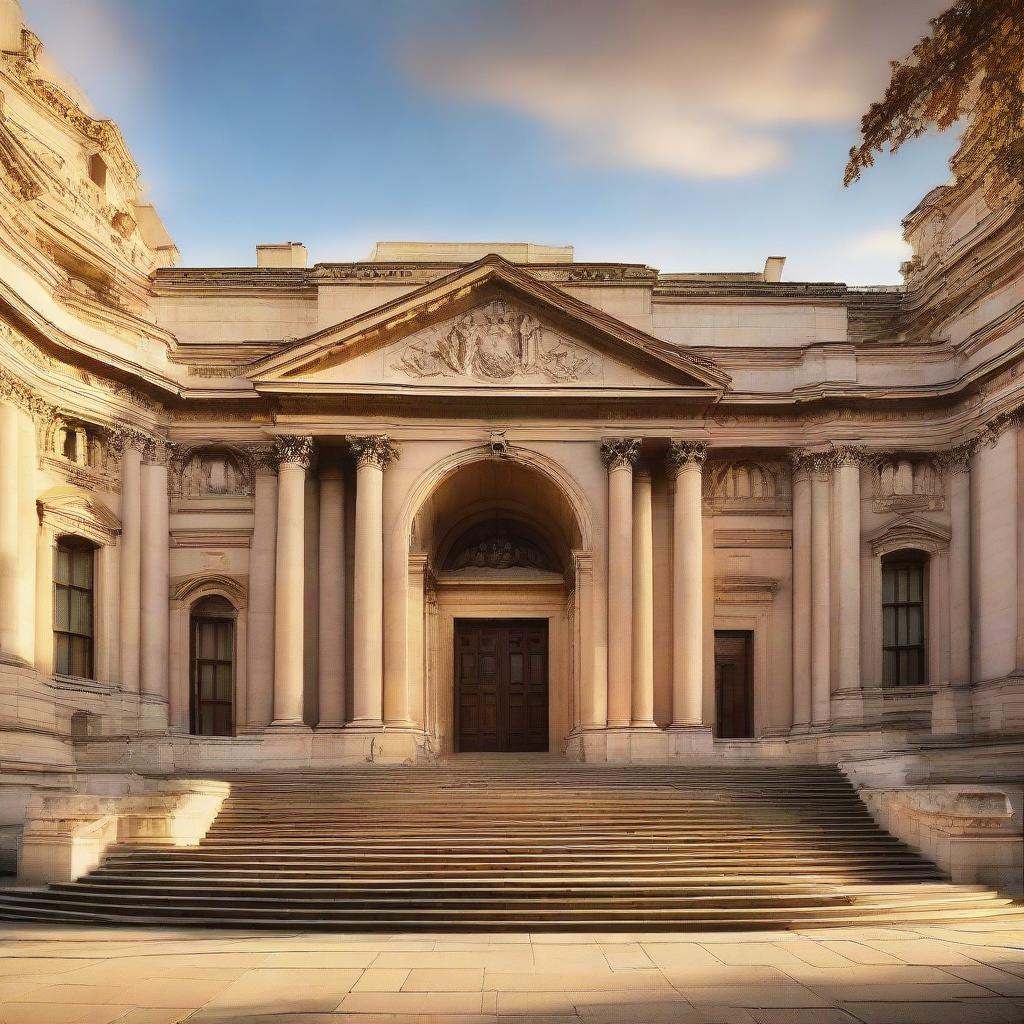 A majestic court building marked by striking architectural features, bathed in the glow of a setting sun, with steps leading up to grand entranceway.