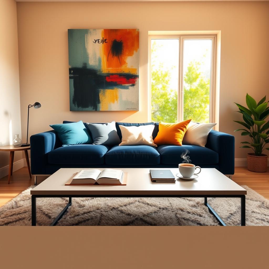 A cozy living room scene featuring a modern, stylish couch with a rich, navy blue color, adorned with various colorful cushions