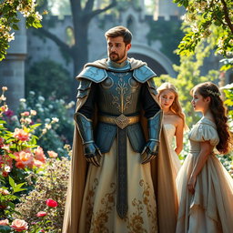 A dramatic love triangle scene featuring a handsome king with a regal posture, wearing ornate medieval armor and a flowing cape, standing confidently in a lush, romantic castle garden