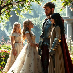 A dramatic love triangle scene featuring a handsome king with a regal posture, wearing ornate medieval armor and a flowing cape, standing confidently in a lush, romantic castle garden