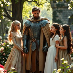 A dramatic love triangle scene featuring a handsome king with a regal posture, wearing ornate medieval armor and a flowing cape, standing confidently in a lush, romantic castle garden