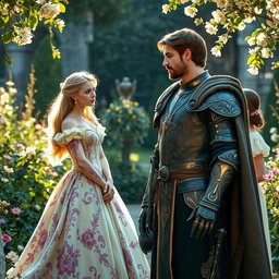 A dramatic love triangle scene featuring a handsome king with a regal posture, wearing ornate medieval armor and a flowing cape, standing confidently in a lush, romantic castle garden