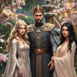 A fantasy love triangle scene featuring a handsome king with strong features, wearing a regal outfit adorned with gold and jewels