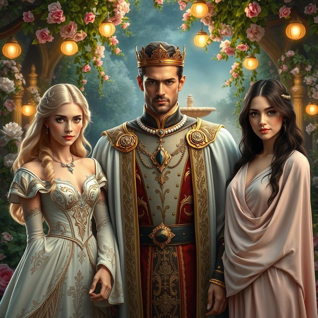A fantasy love triangle scene featuring a handsome king with strong features, wearing a regal outfit adorned with gold and jewels