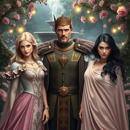 A fantasy love triangle scene featuring a handsome king with strong features, wearing a regal outfit adorned with gold and jewels