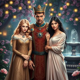 A fantasy love triangle scene featuring a handsome king with strong features, wearing a regal outfit adorned with gold and jewels