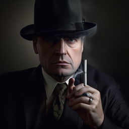 Edit the portrait of the post-WW2 English gangster to show him holding a lit cigarette elegantly between his fingers.