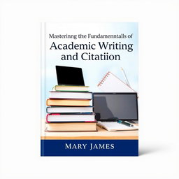 An educational book cover design titled 'Mastering the Fundamentals of Academic Writing and Citation' by Mary James
