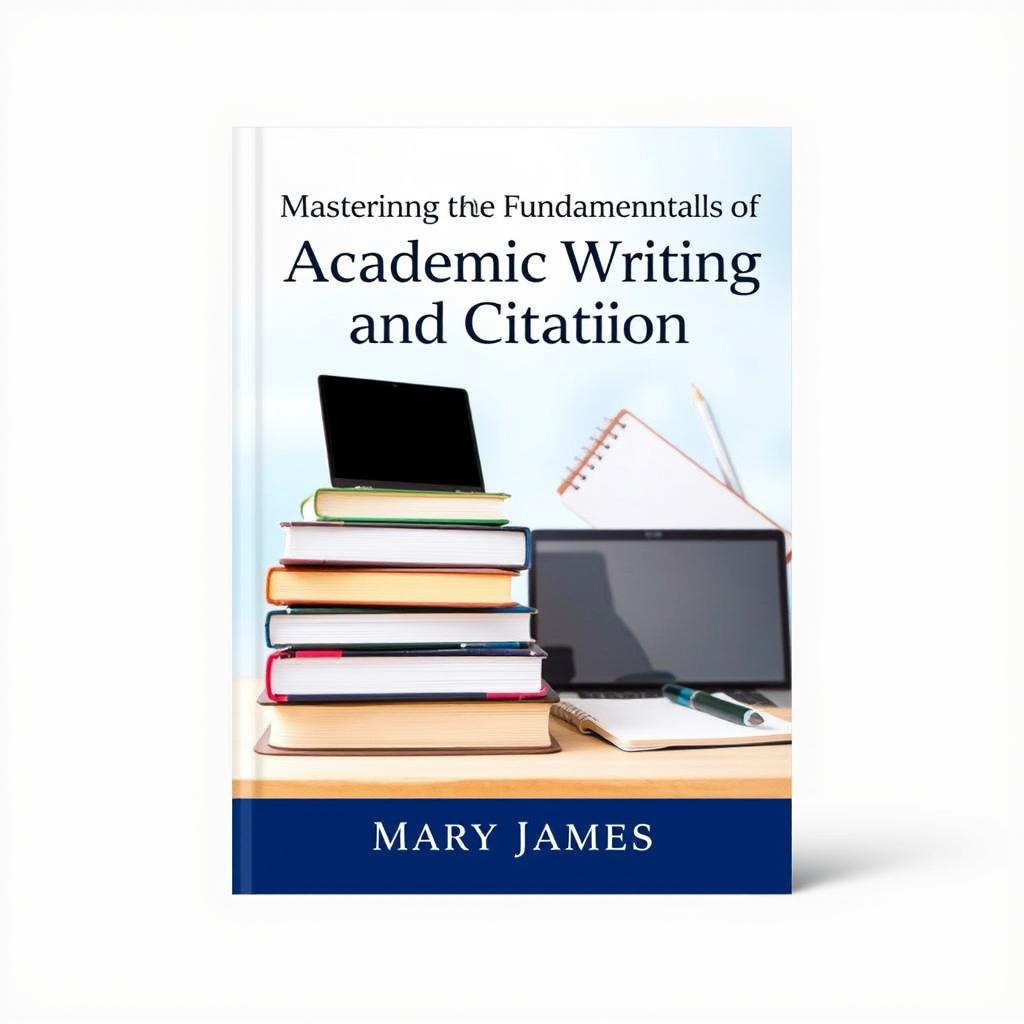 An educational book cover design titled 'Mastering the Fundamentals of Academic Writing and Citation' by Mary James