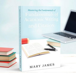 An educational book cover design titled 'Mastering the Fundamentals of Academic Writing and Citation' by Mary James
