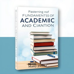 An educational book cover design titled 'Mastering the Fundamentals of Academic Writing and Citation' by Mary James