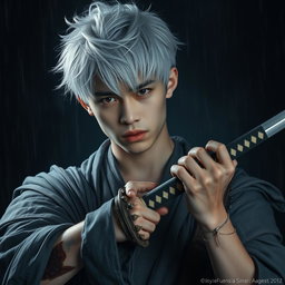 A young man in his twenties with sharp, serious facial features that conceal a profound sadness