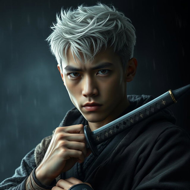 A young man in his twenties with sharp, serious facial features that conceal a profound sadness