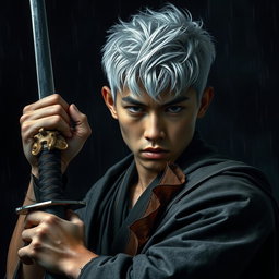 A young man in his twenties with sharp, serious facial features that conceal a profound sadness