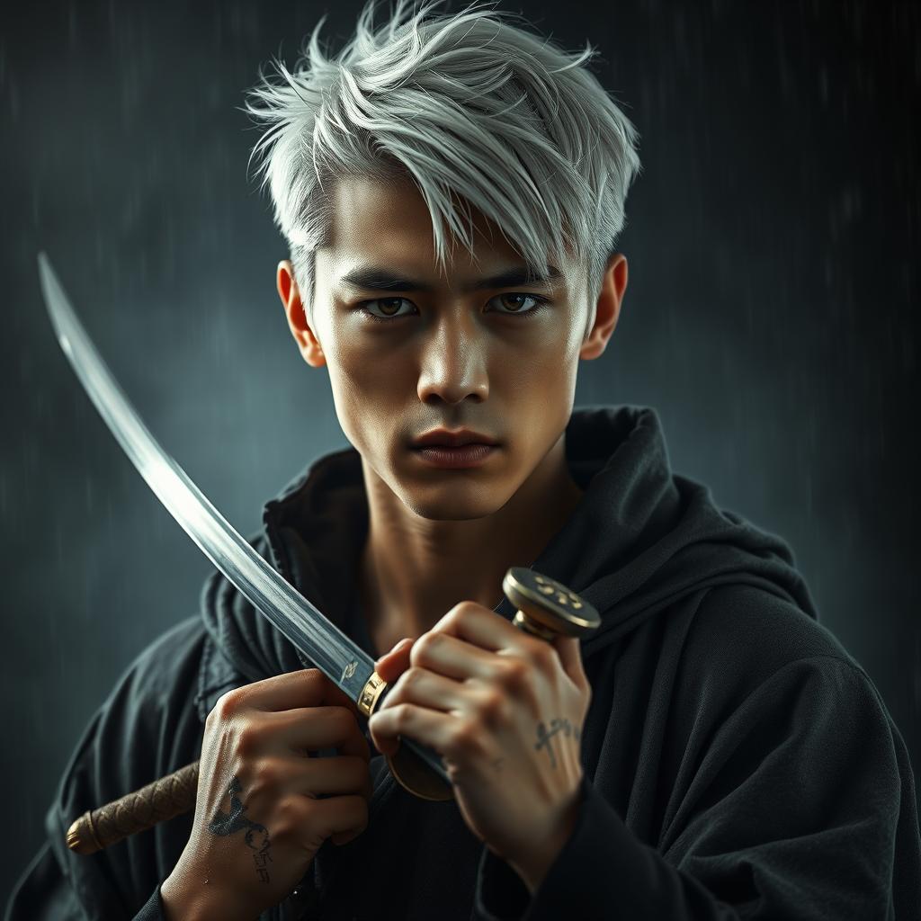 A young man in his twenties with sharp, serious facial features that conceal a profound sadness