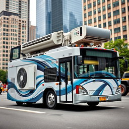 A city bus featuring a striking wrap design that looks like a split-type air conditioner, showcasing the intricate details of the air conditioning unit such as vents, grilles, and pipes