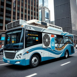 A city bus featuring a striking wrap design that looks like a split-type air conditioner, showcasing the intricate details of the air conditioning unit such as vents, grilles, and pipes