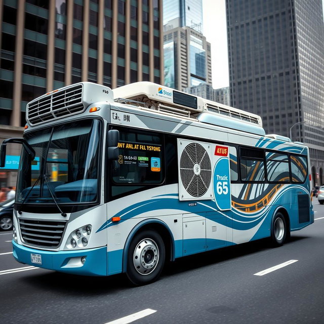A city bus featuring a striking wrap design that looks like a split-type air conditioner, showcasing the intricate details of the air conditioning unit such as vents, grilles, and pipes