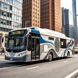 A city bus featuring a striking wrap design that looks like a split-type air conditioner, showcasing the intricate details of the air conditioning unit such as vents, grilles, and pipes