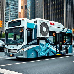 A city bus featuring a striking wrap design that looks like a split-type air conditioner, showcasing the intricate details of the air conditioning unit such as vents, grilles, and pipes