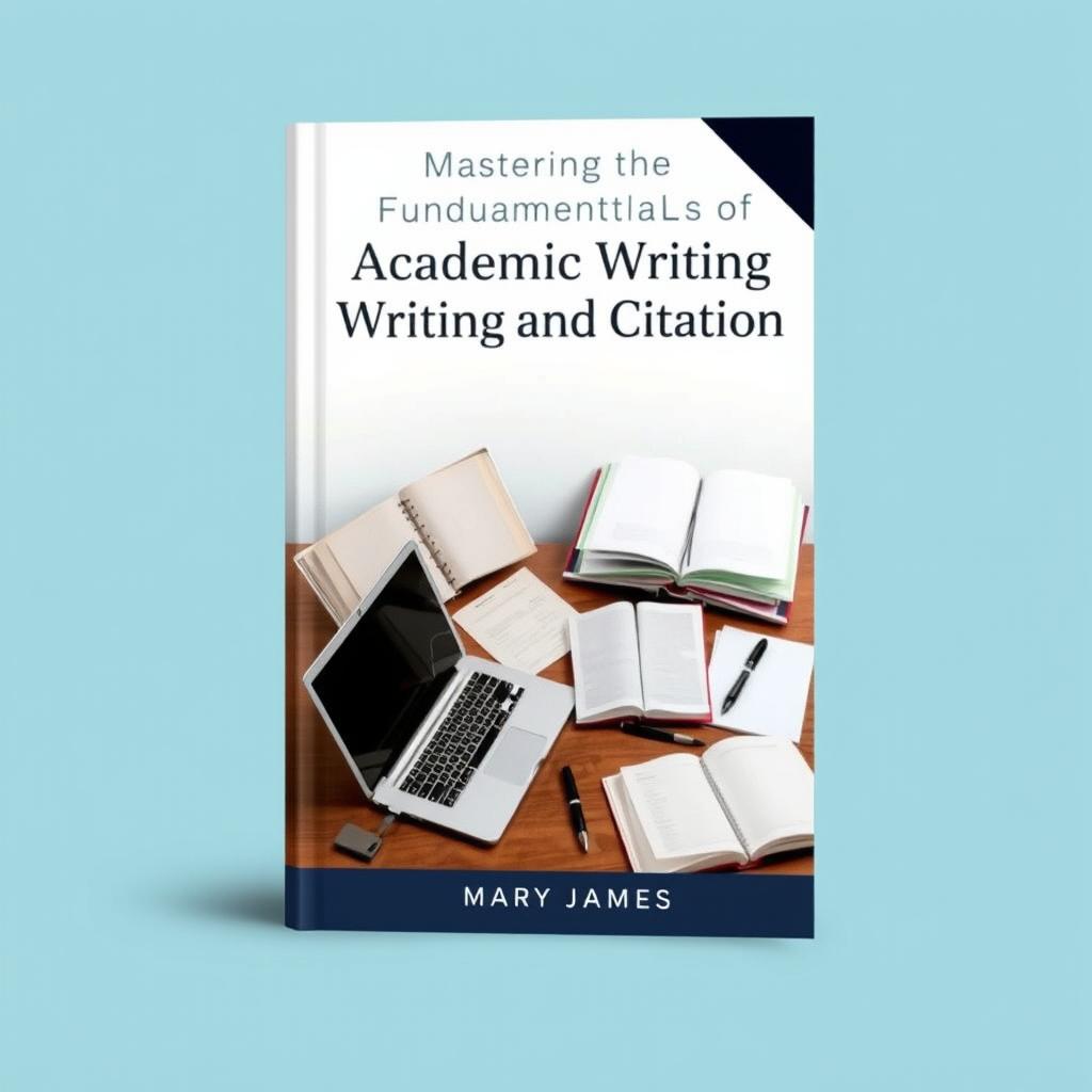A stylish and informative book cover for 'Mastering the Fundamentals of Academic Writing and Citation' by Mary James, designed to appeal to students and academics