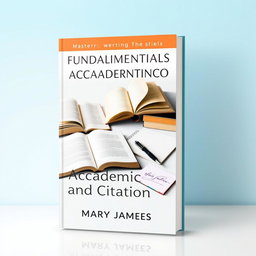 A stylish and informative book cover for 'Mastering the Fundamentals of Academic Writing and Citation' by Mary James, designed to appeal to students and academics