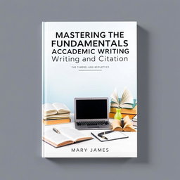 A stylish and informative book cover for 'Mastering the Fundamentals of Academic Writing and Citation' by Mary James, designed to appeal to students and academics