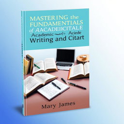A stylish and informative book cover for 'Mastering the Fundamentals of Academic Writing and Citation' by Mary James, designed to appeal to students and academics