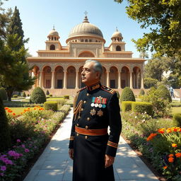 A majestic portrayal of Mohammad Reza Pahlavi, the last Shah of Iran, standing elegantly in the historic and beautiful gardens of Hafez's Tomb in Shiraz