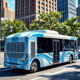 A vibrant city scene featuring a modern bus wrapped in a design that mimics an air conditioning unit