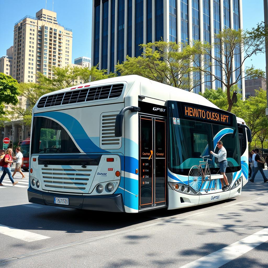 A vibrant city scene featuring a modern bus wrapped in a design that mimics an air conditioning unit