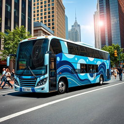 A vibrant city scene featuring a modern bus wrapped in a design that mimics an air conditioning unit