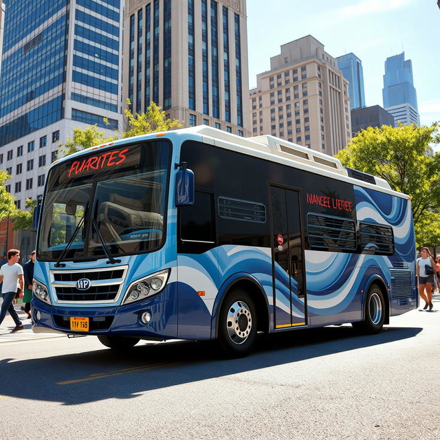 A vibrant city scene featuring a modern bus wrapped in a design that mimics an air conditioning unit