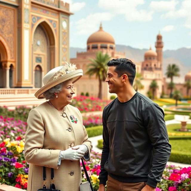 An imaginative scene featuring Queen Elizabeth II and Cristiano Ronaldo sharing a friendly moment in the picturesque city of Shiraz, Iran