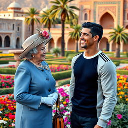 An imaginative scene featuring Queen Elizabeth II and Cristiano Ronaldo sharing a friendly moment in the picturesque city of Shiraz, Iran