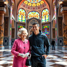 An imaginative and vibrant scene featuring Queen Elizabeth II alongside famous football player Cristiano Ronaldo in the stunning city of Shiraz, Iran