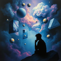 An abstract representation of illusion and deep thinking, featuring surreal elements like floating geometric shapes, distorted mirrors reflecting different thoughts, and ethereal clouds