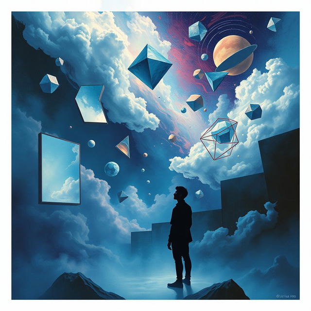 An abstract representation of illusion and deep thinking, featuring surreal elements like floating geometric shapes, distorted mirrors reflecting different thoughts, and ethereal clouds