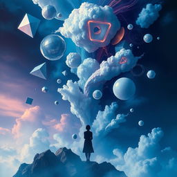 An abstract representation of illusion and deep thinking, featuring surreal elements like floating geometric shapes, distorted mirrors reflecting different thoughts, and ethereal clouds