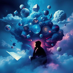 An abstract representation of illusion and deep thinking, featuring surreal elements like floating geometric shapes, distorted mirrors reflecting different thoughts, and ethereal clouds