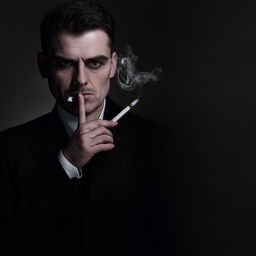 Edit the portrait of the post-WW2 English gangster to show him holding a lit cigarette elegantly between his fingers.