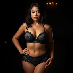 A beautiful 28-year-old Indonesian woman stands confidently, showcasing her sturdy and curvy body with plump breasts and a bit of softness