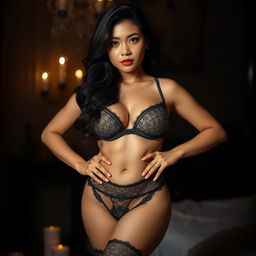 A beautiful 28-year-old Indonesian woman stands confidently, showcasing her sturdy and curvy body with plump breasts and a bit of softness
