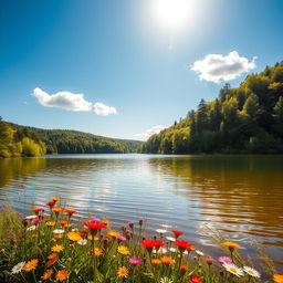 A serene landscape featuring a tranquil lake surrounded by lush, green forests under a bright blue sky